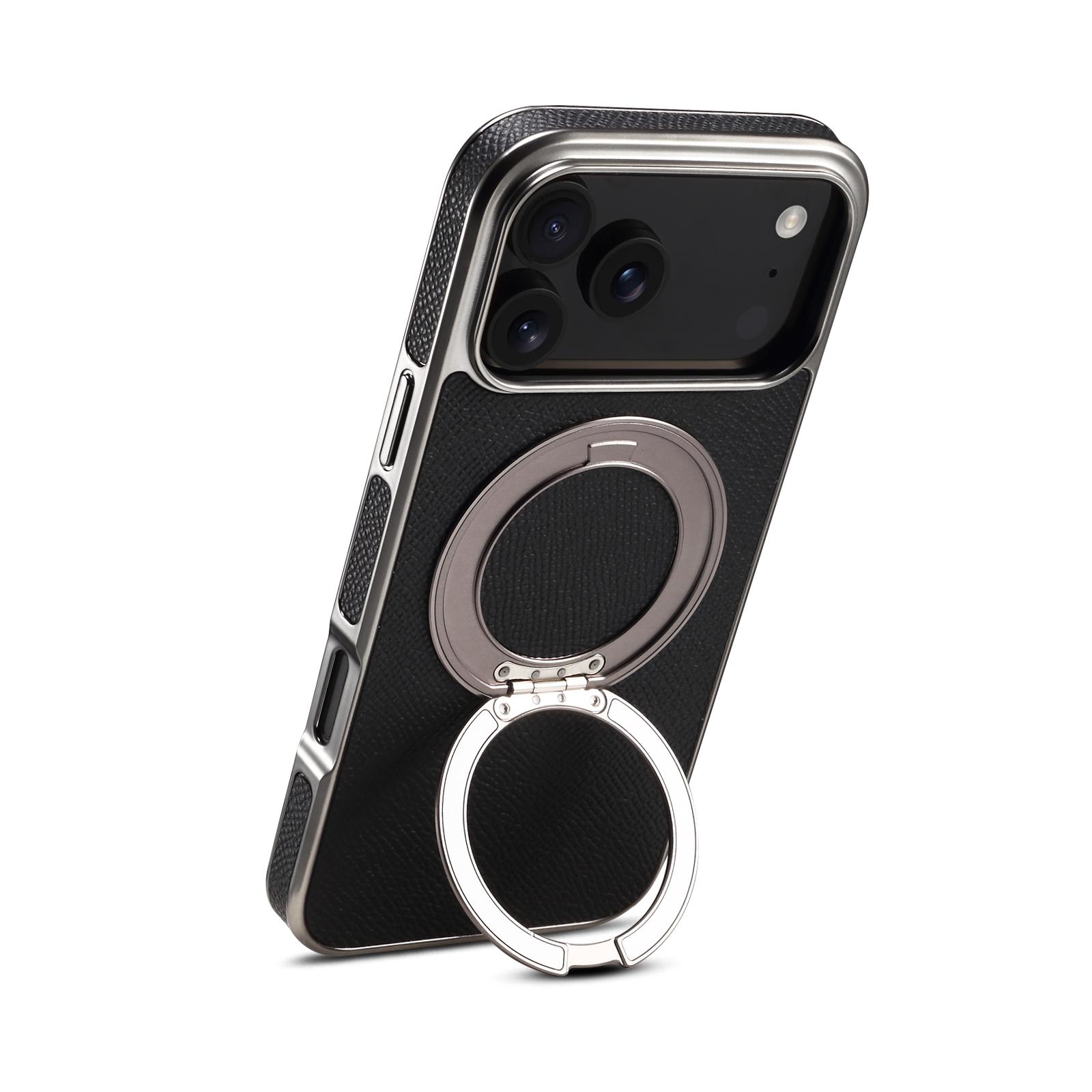 For iPhone 17 Pro Max Denior A23 Magnetic Holder Electroplating Genuine Leather Phone Case(Black) - Shopkiz.com