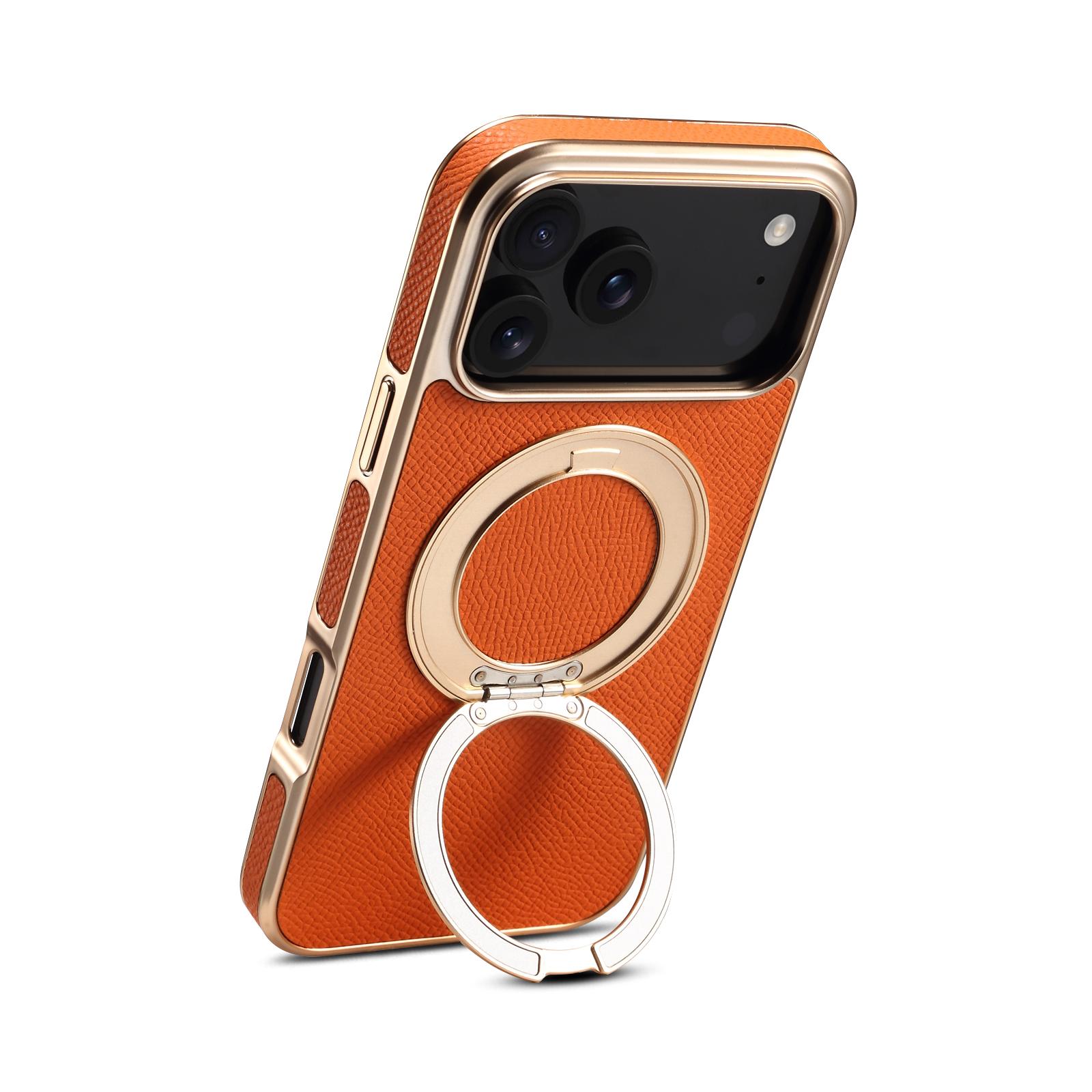 For iPhone 17 Pro Max Denior A23 Magnetic Holder Electroplating Genuine Leather Phone Case(Orange) - Shopkiz.com