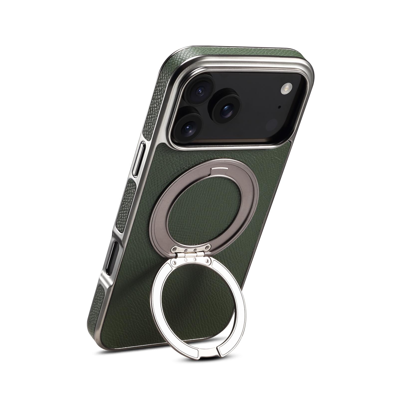 For iPhone 17 Pro Denior A23 Magnetic Holder Electroplating Genuine Leather Phone Case(Green) - Shopkiz.com
