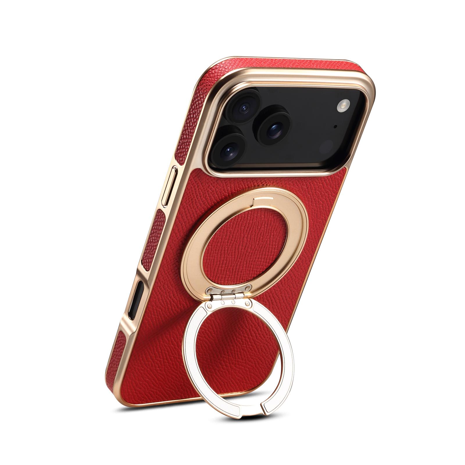 For iPhone 17 Pro Denior A23 Magnetic Holder Electroplating Genuine Leather Phone Case(Red) - Shopkiz.com