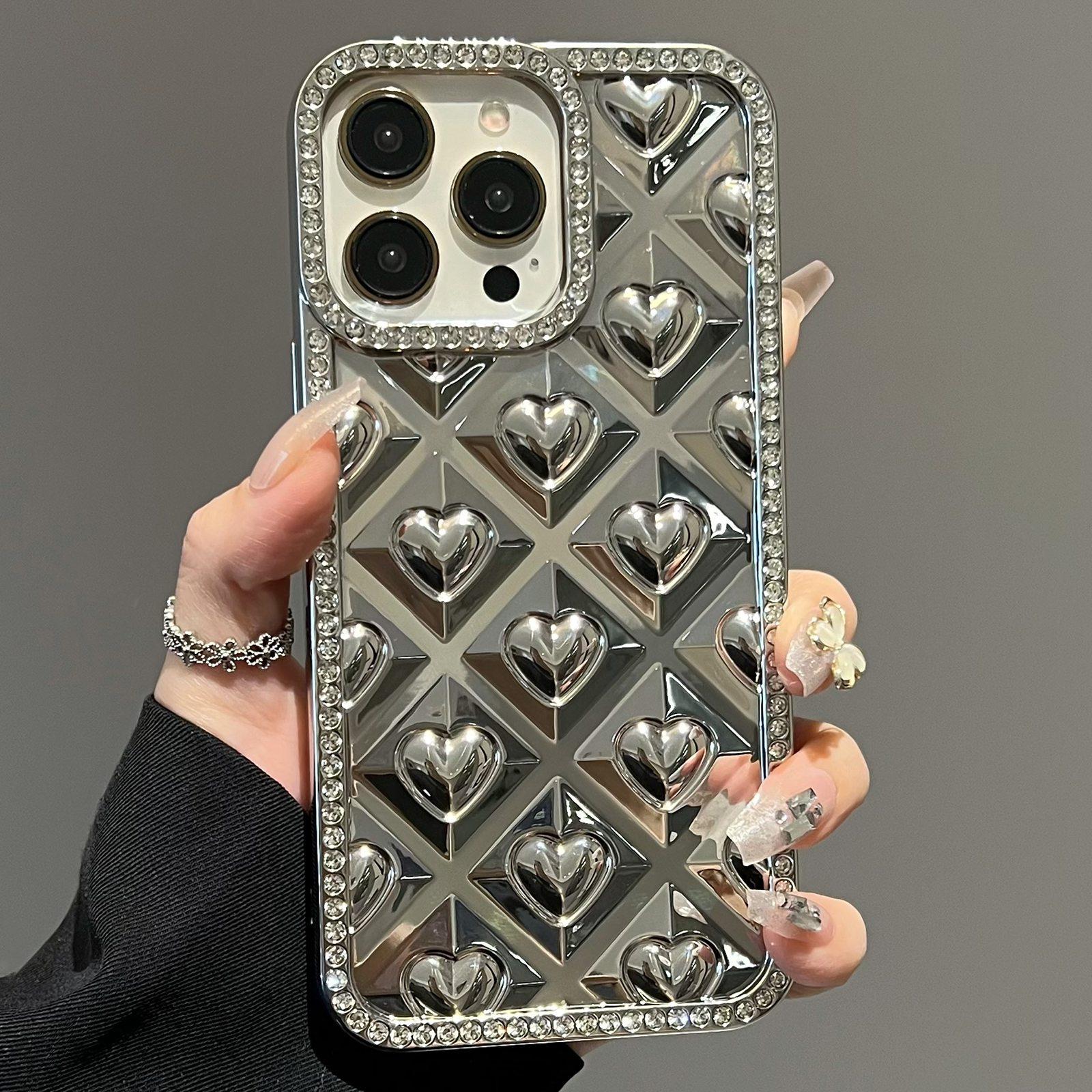 For iPhone 12 Pro Electroplated Heart 3D Embossed Diamond TPU Phone Case(Silver) - Shopkiz.com