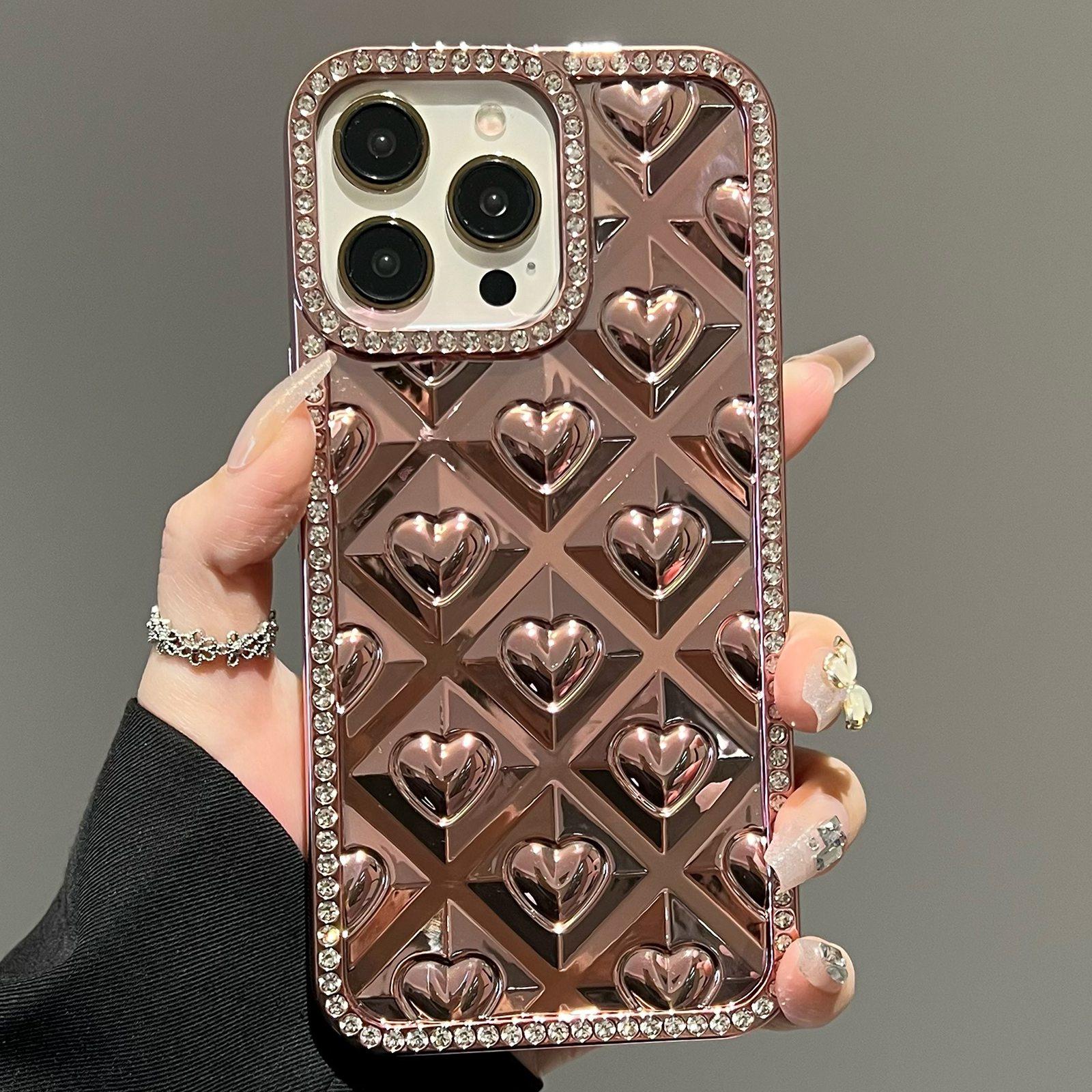 For iPhone 12 Pro Electroplated Heart 3D Embossed Diamond TPU Phone Case(Rose Gold) - Shopkiz.com