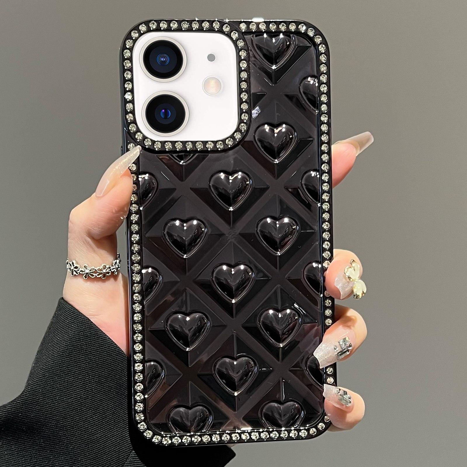 For iPhone 11 Electroplated Heart 3D Embossed Diamond TPU Phone Case(Black) - Shopkiz.com