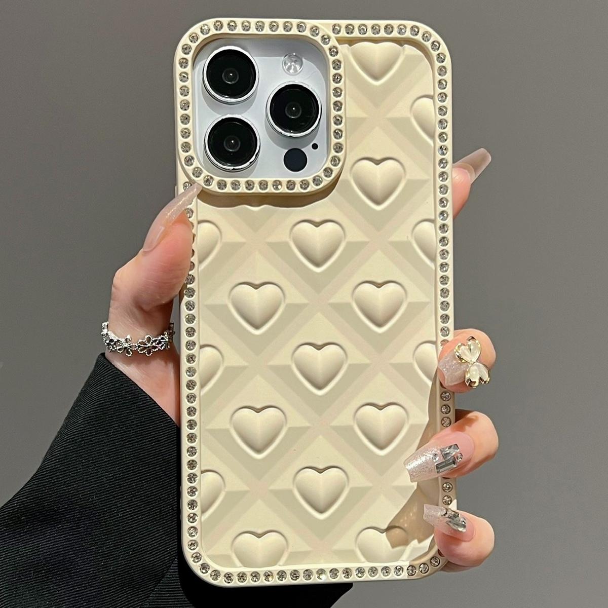 For iPhone 16 Pro Oil-Sprayed Heart 3D Embossed Diamond TPU Phone Case(Yellow) - Shopkiz.com