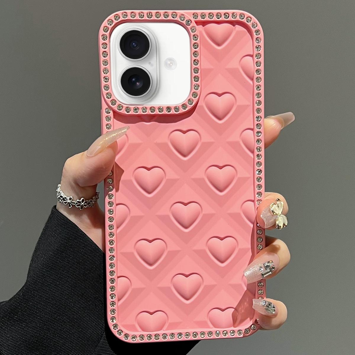 For iPhone 16 Oil-Sprayed Heart 3D Embossed Diamond TPU Phone Case(Pink) - Shopkiz.com