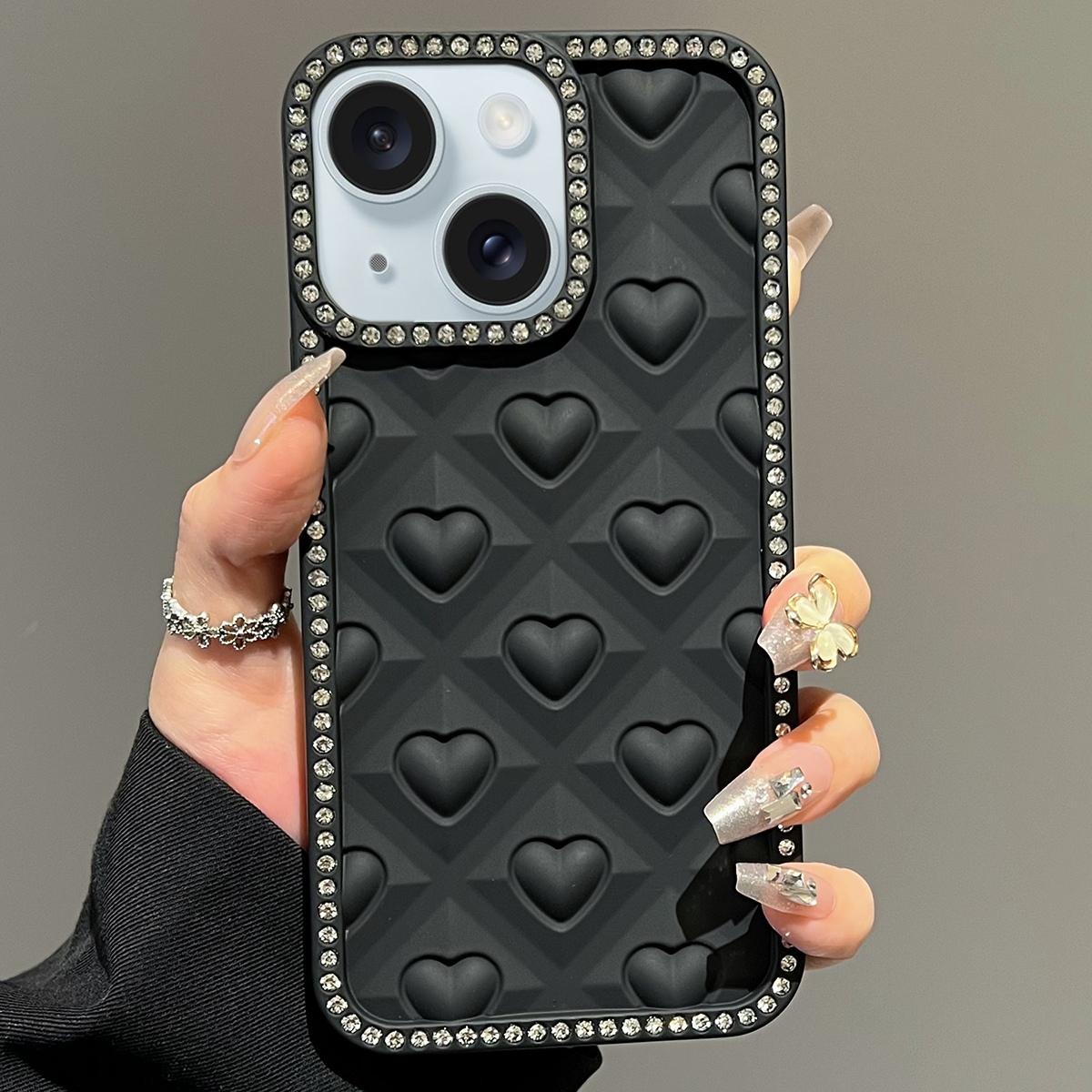 For iPhone 15 Plus Oil-Sprayed Heart 3D Embossed Diamond TPU Phone Case(Black) - Shopkiz.com