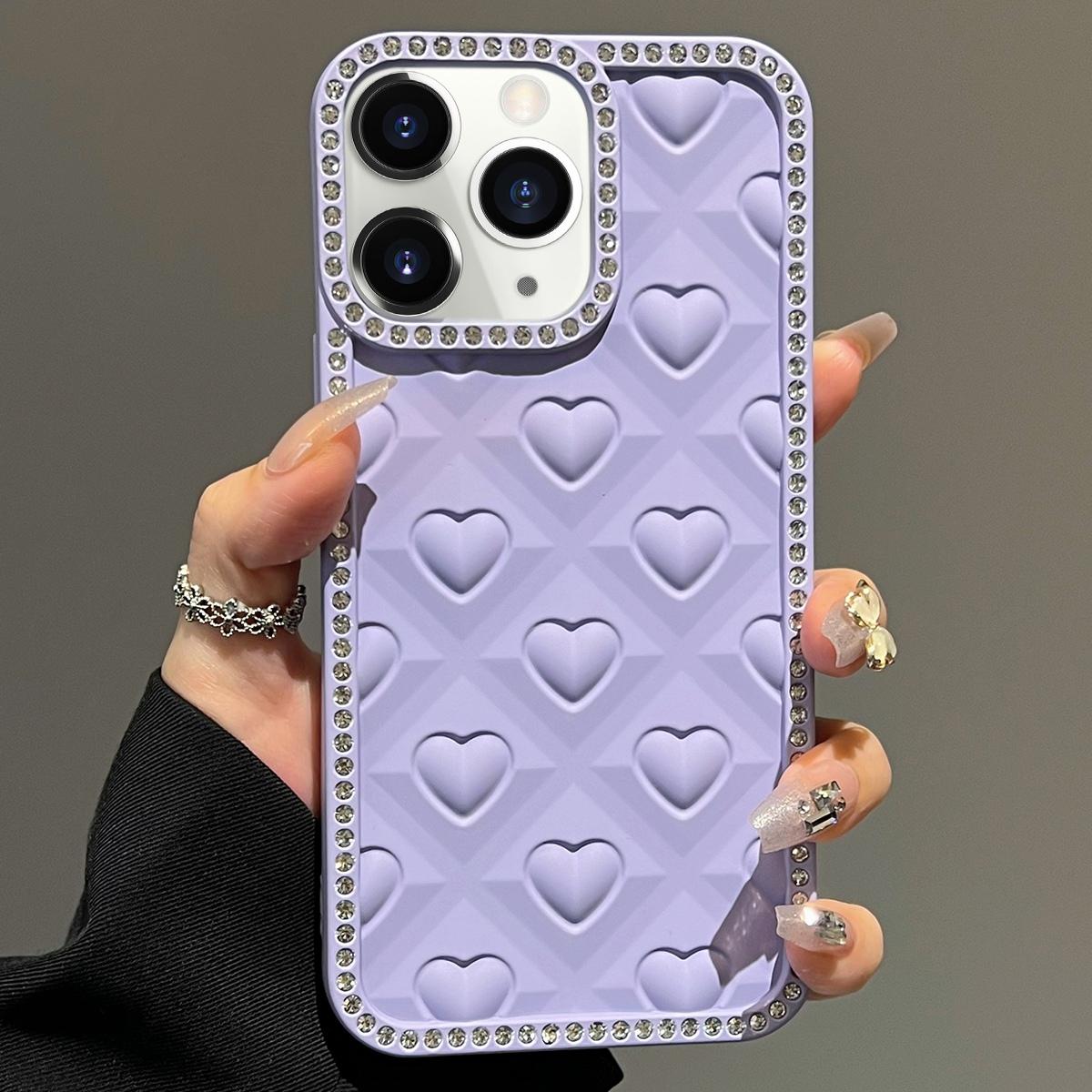 For iPhone 11 Pro Max Oil-Sprayed Heart 3D Embossed Diamond TPU Phone Case(Purple) - Shopkiz.com
