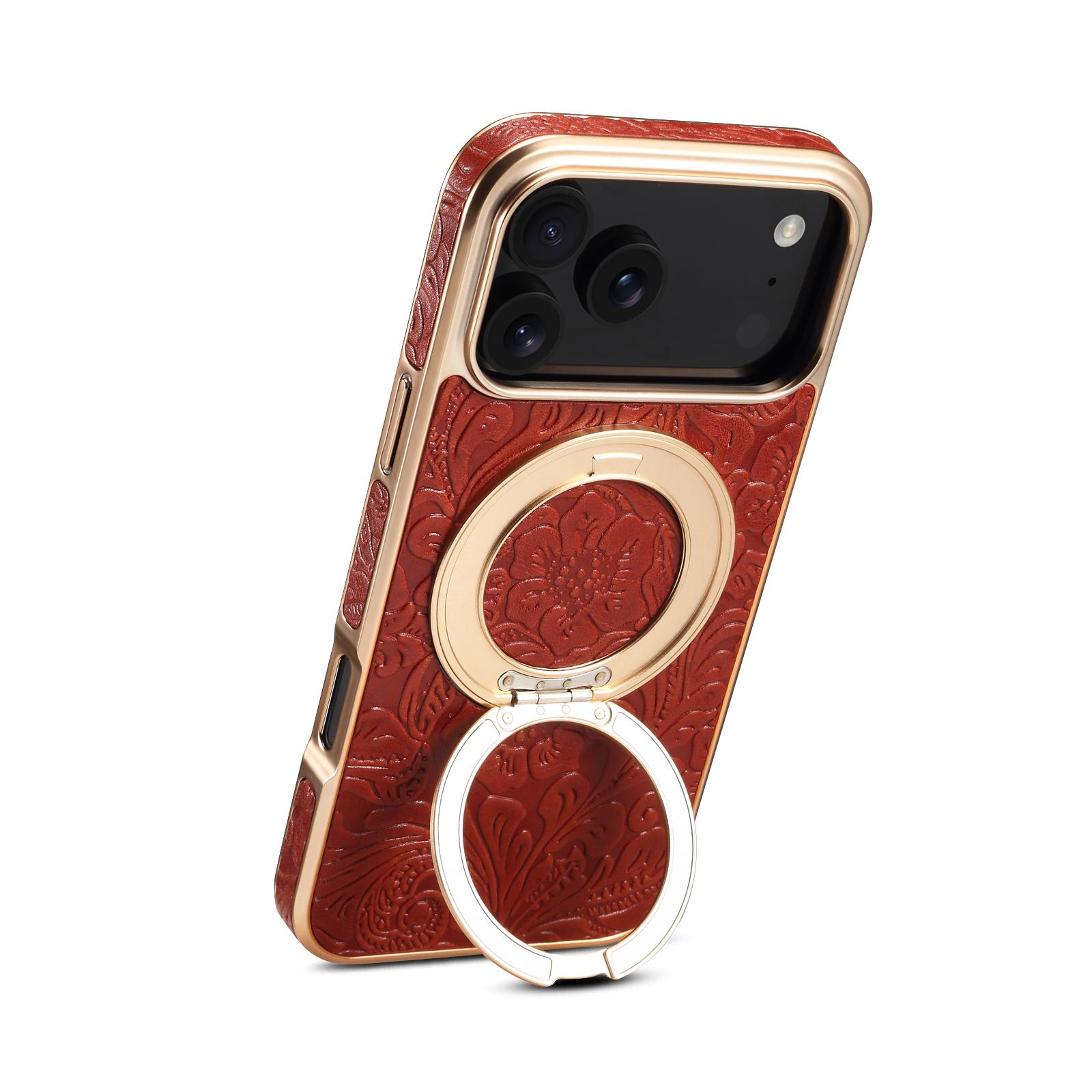 For iPhone 17 Pro Max Denior A23 Retro Flower Texture Magnetic Holder Electroplating Genuine Leather Phone Case(Red) - Shopkiz.com