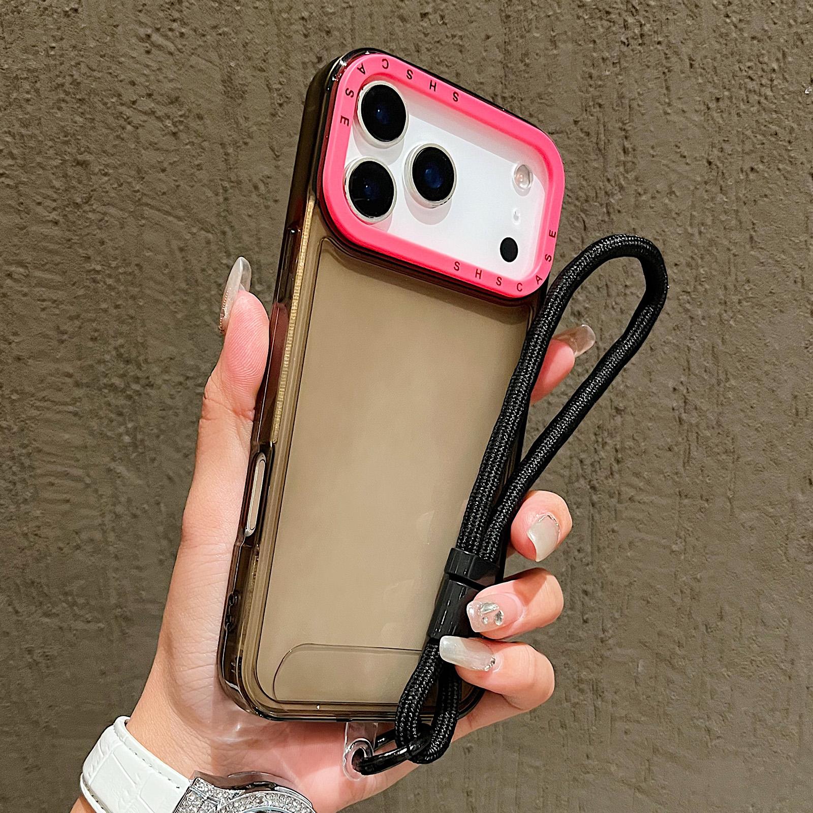 For iPhone 17 Pro Color Contrast Lens Frame Transparent TPU Phone Case with Lanyard(Black+Rose Red) - Shopkiz.com