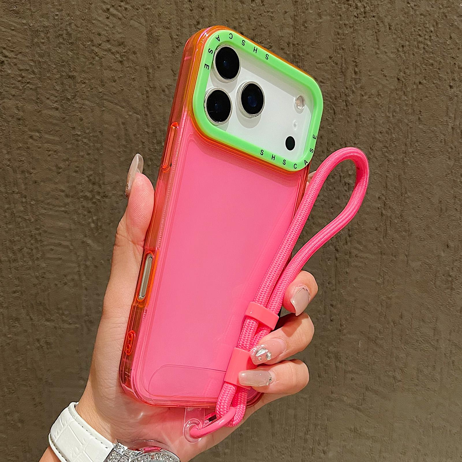 For iPhone 17 Pro Color Contrast Lens Frame Transparent TPU Phone Case with Lanyard(Rose Red+Green) - Shopkiz.com