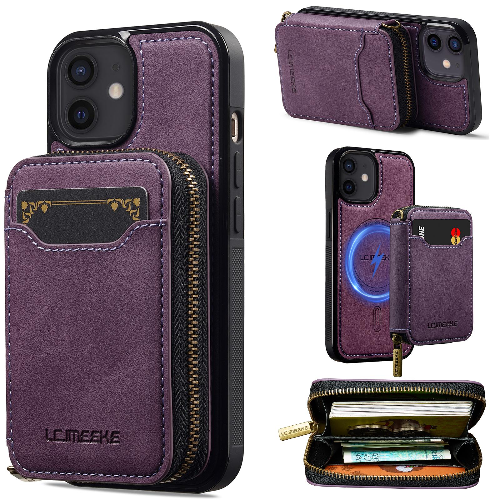 For iPhone 12 / 12 Pro LC.IMEEKE L6 Series Zipper Card Bag MagSafe Magnetic Phone Case(Purple) - Shopkiz.com