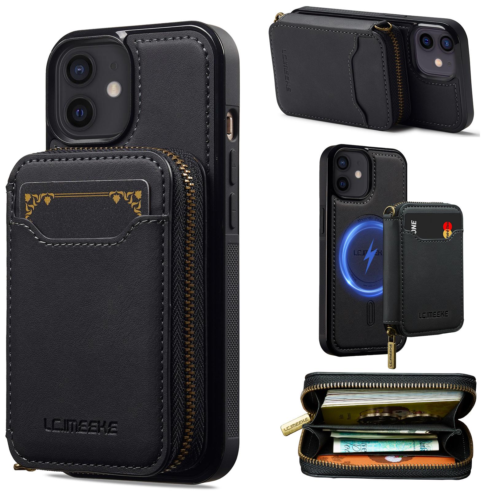 For iPhone 12 / 12 Pro LC.IMEEKE L6 Series Zipper Card Bag MagSafe Magnetic Phone Case(Black) - Shopkiz.com
