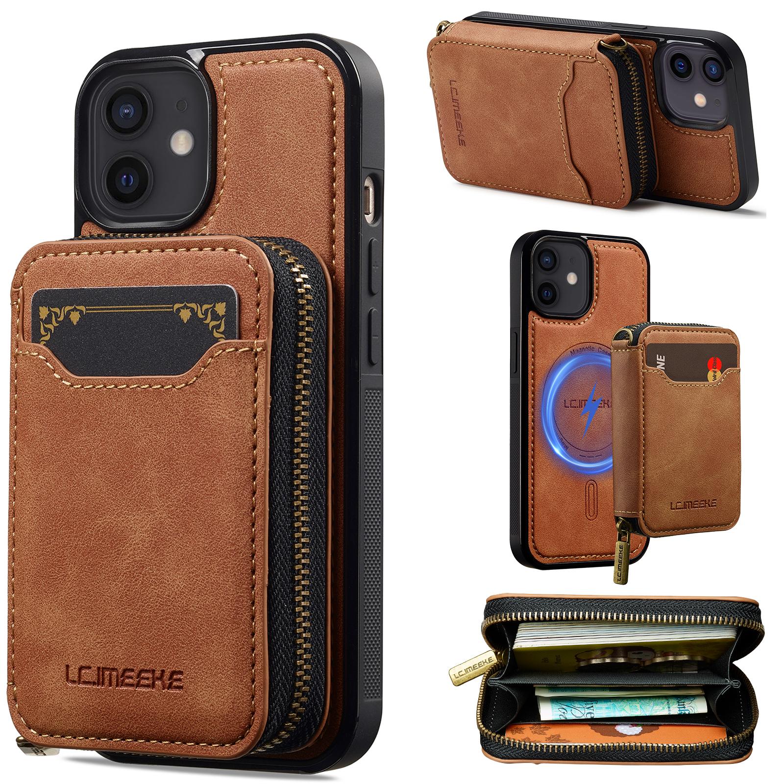 For iPhone 12 / 12 Pro LC.IMEEKE L6 Series Zipper Card Bag MagSafe Magnetic Phone Case(Brown) - Shopkiz.com
