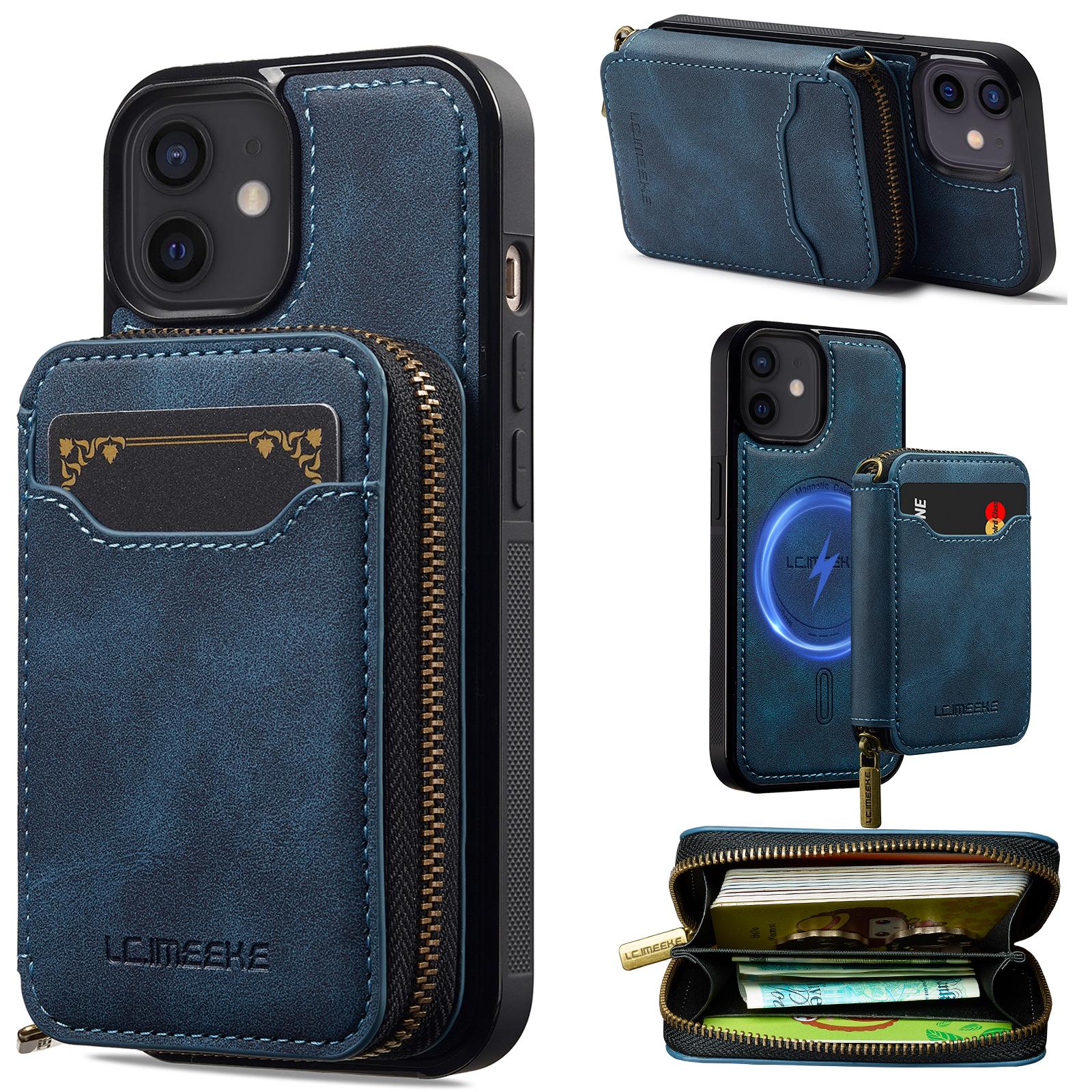 For iPhone 12 / 12 Pro LC.IMEEKE L6 Series Zipper Card Bag MagSafe Magnetic Phone Case(Blue) - Shopkiz.com