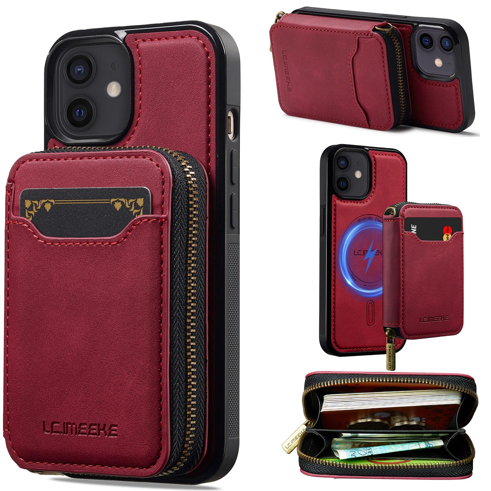 For iPhone 12 / 12 Pro LC.IMEEKE L6 Series Zipper Card Bag MagSafe Magnetic Phone Case(Red) - Shopkiz.com