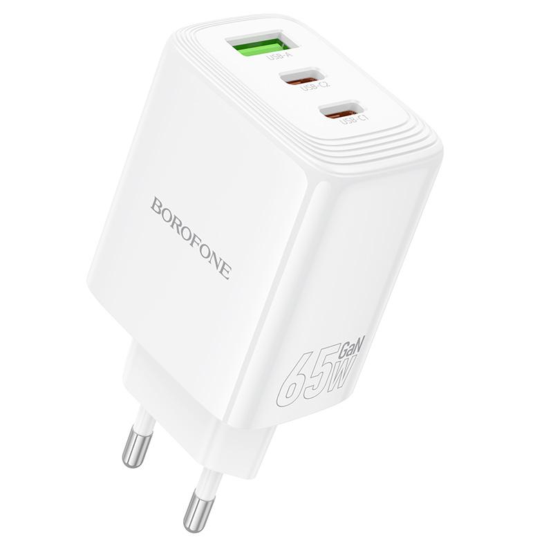 Borofone BN32 Cargador PD65W 2 x Type-C, USB-A Charger, EU Plug(White) - Shopkiz.com