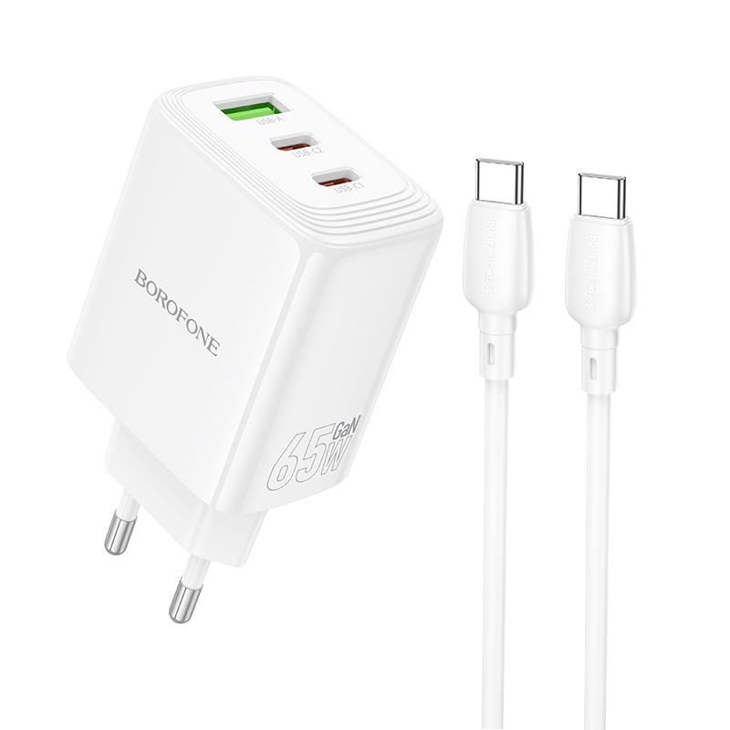Borofone BN32 Cargador PD65W 2 x Type-C, USB-A Charger, EU Plug with Type-C to Type-C Cable(White) - Shopkiz.com