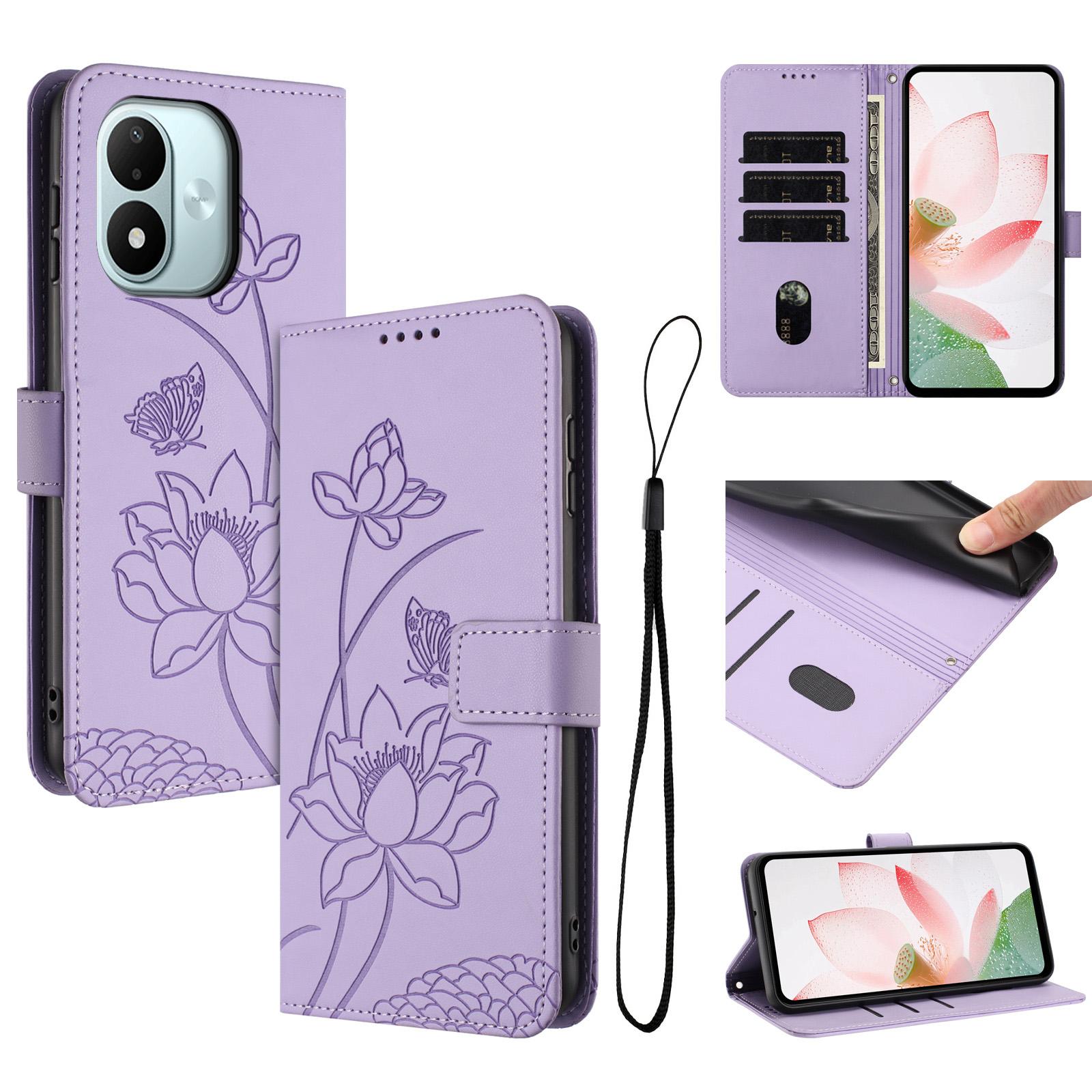For Redmi Note 17 4G Global 171mm Lotus Embossed Leather Phone Case with Lanyard(Purple) - Shopkiz.com