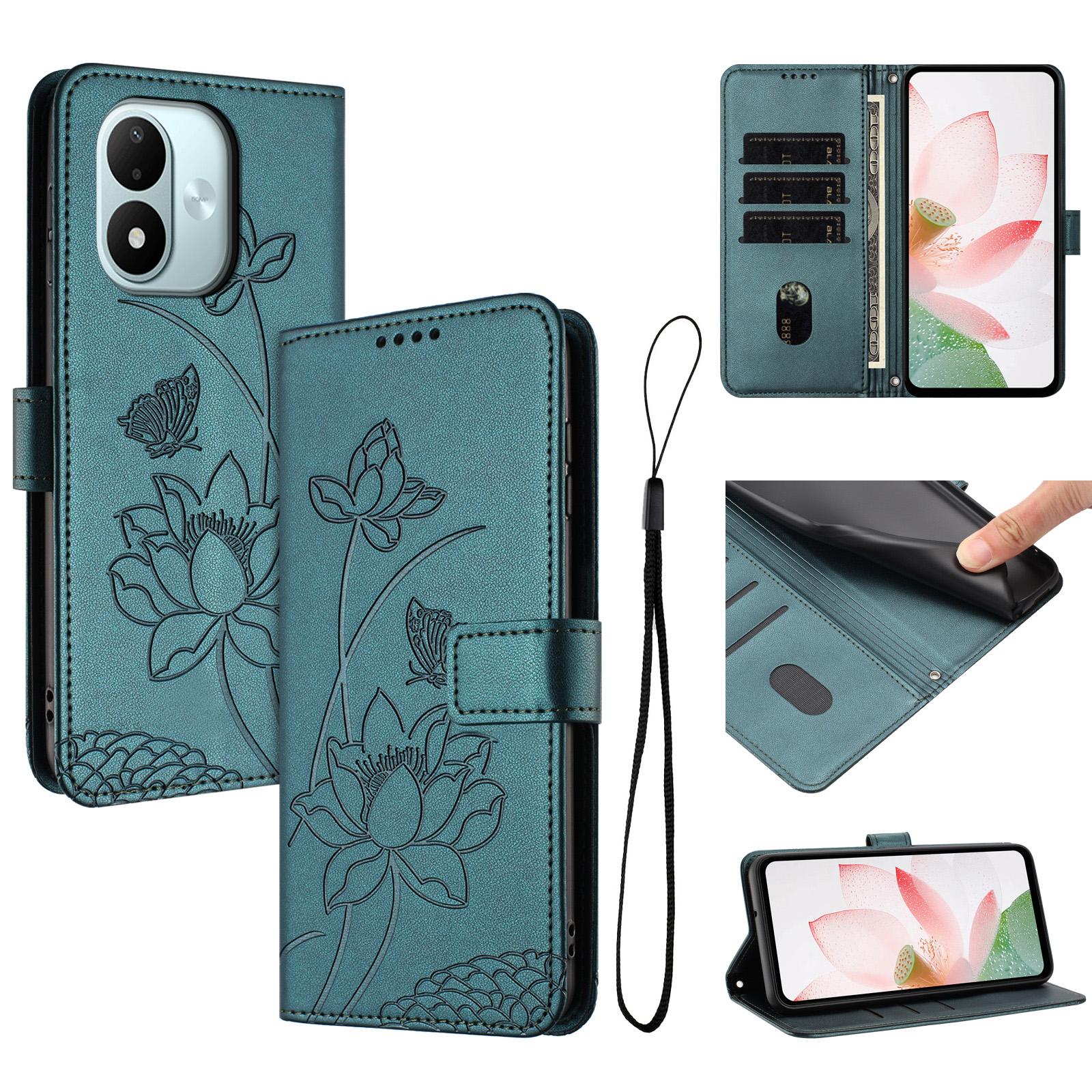 For Redmi Note 17 4G Global 171mm Lotus Embossed Leather Phone Case with Lanyard(Dark Green) - Shopkiz.com