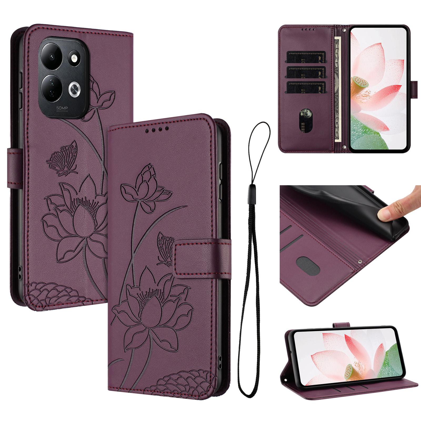 For Redmi 17 5G / 4G Global 170mm Lotus Embossed Leather Phone Case with Lanyard(Wine Red) - Shopkiz.com