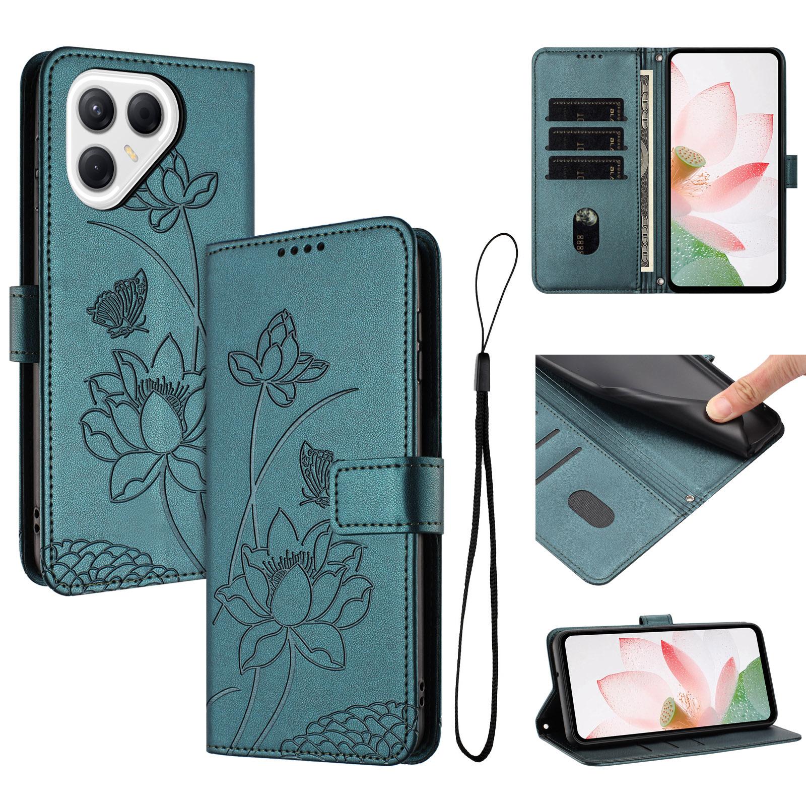 For Tecno Pova 8 5G Lotus Embossed Leather Phone Case with Lanyard(Dark Green) - Shopkiz.com