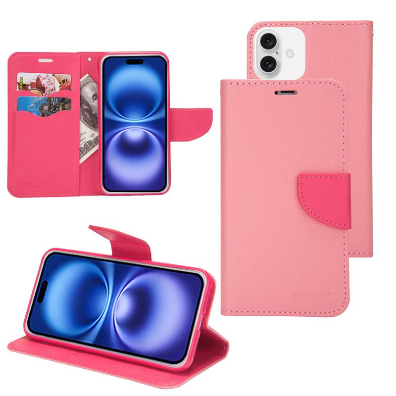 For iPhone 16 Plus Mercury Contrast Color Splicing Leather Phone Case(Pink) - Shopkiz.com