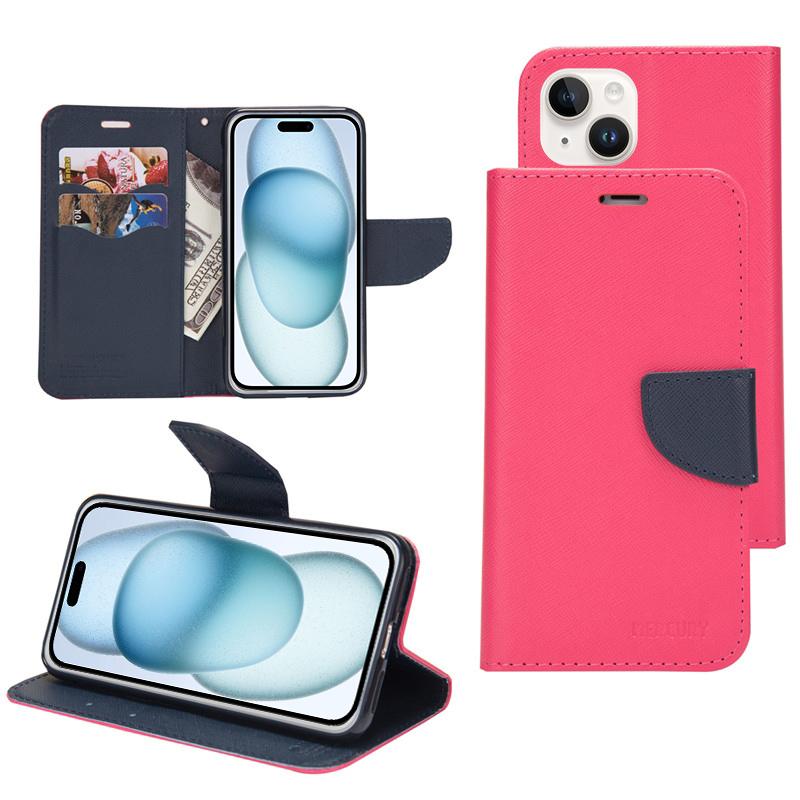 For iPhone 15 Plus Mercury Contrast Color Splicing Leather Phone Case(Rose Red) - Shopkiz.com