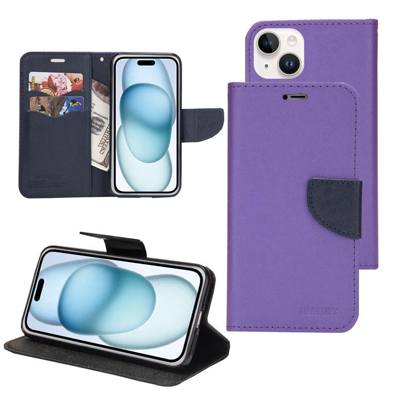 For iPhone 15 Plus Mercury Contrast Color Splicing Leather Phone Case(Purple) - Shopkiz.com