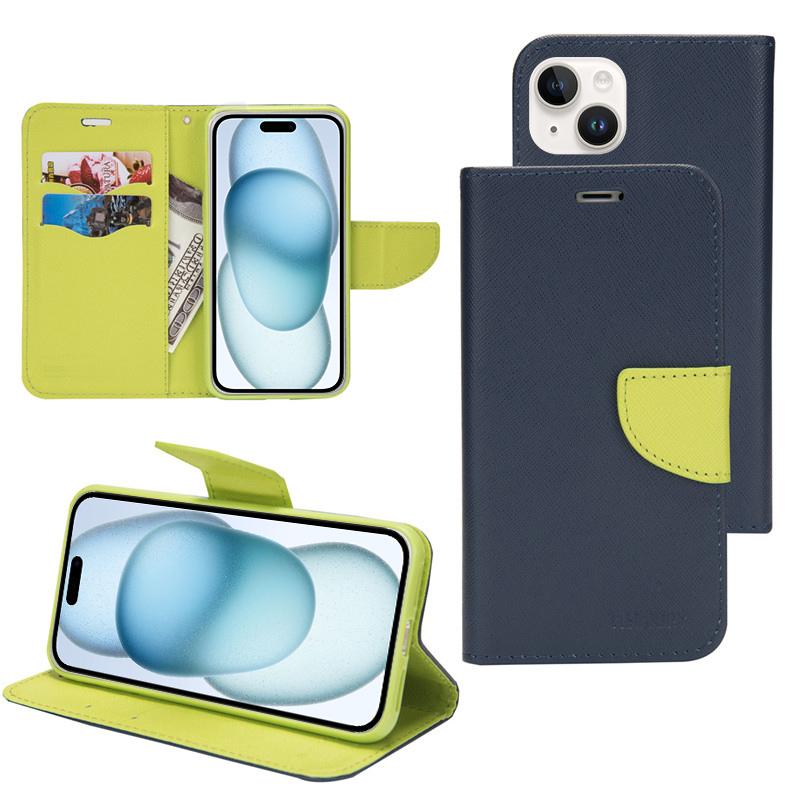 For iPhone 15 Mercury Contrast Color Splicing Leather Phone Case(Dark Blue) - Shopkiz.com