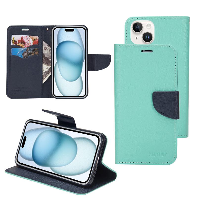 For iPhone 15 Mercury Contrast Color Splicing Leather Phone Case(Mint Color) - Shopkiz.com