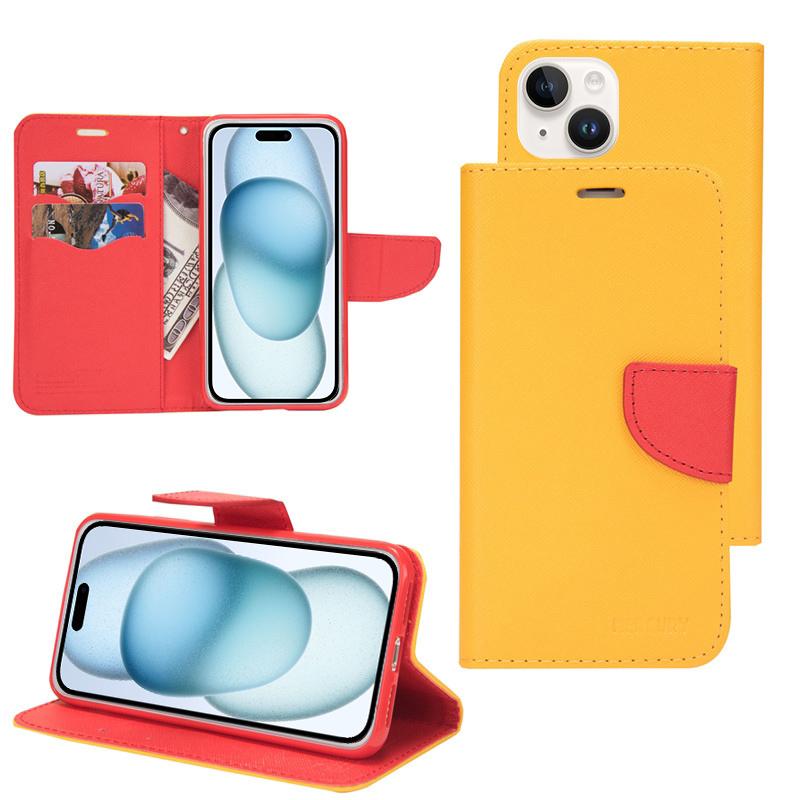 For iPhone 15 Mercury Contrast Color Splicing Leather Phone Case(Yellow) - Shopkiz.com