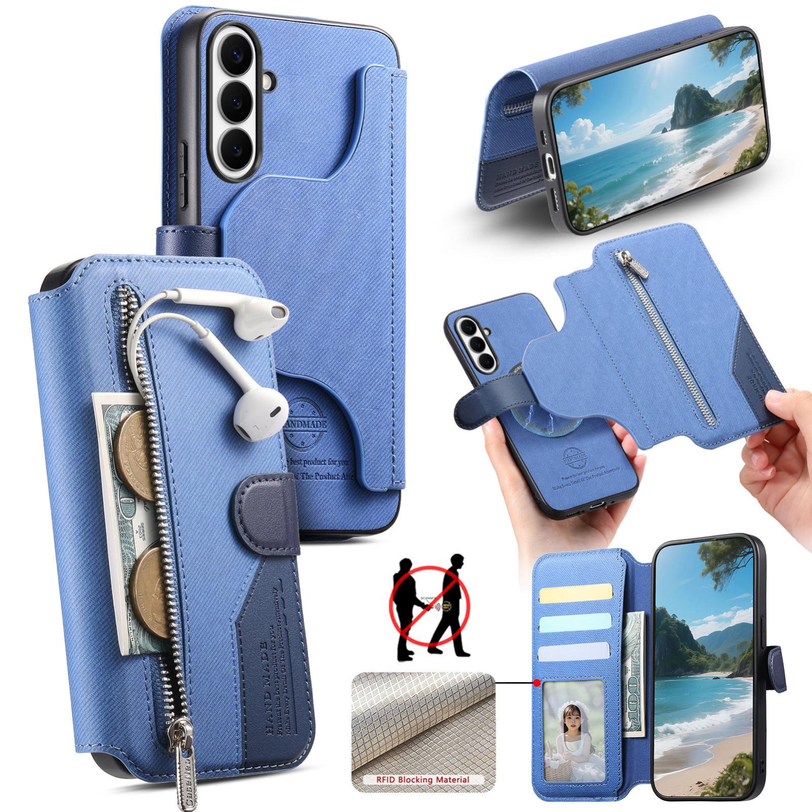 For Galaxy S26 FE 5G Twill Fabric MagSafe RFID Anti-theft Zipper Wallet Leather Phone Case(Dark Blue) - Shopkiz.com