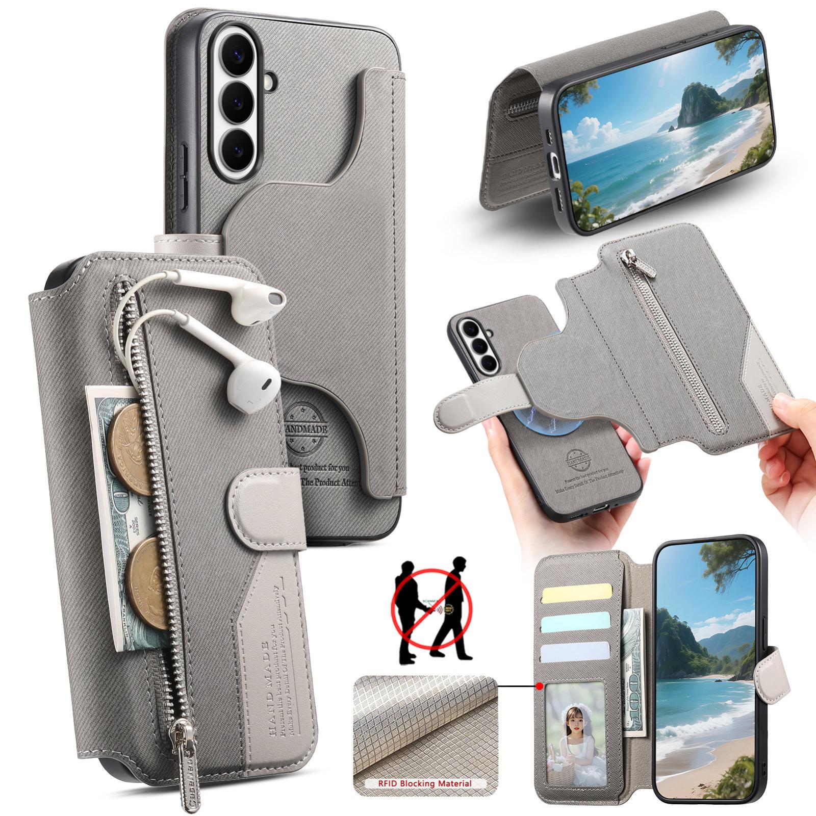 For Galaxy S26 FE 5G Twill Fabric MagSafe RFID Anti-theft Zipper Wallet Leather Phone Case(Grey) - Shopkiz.com