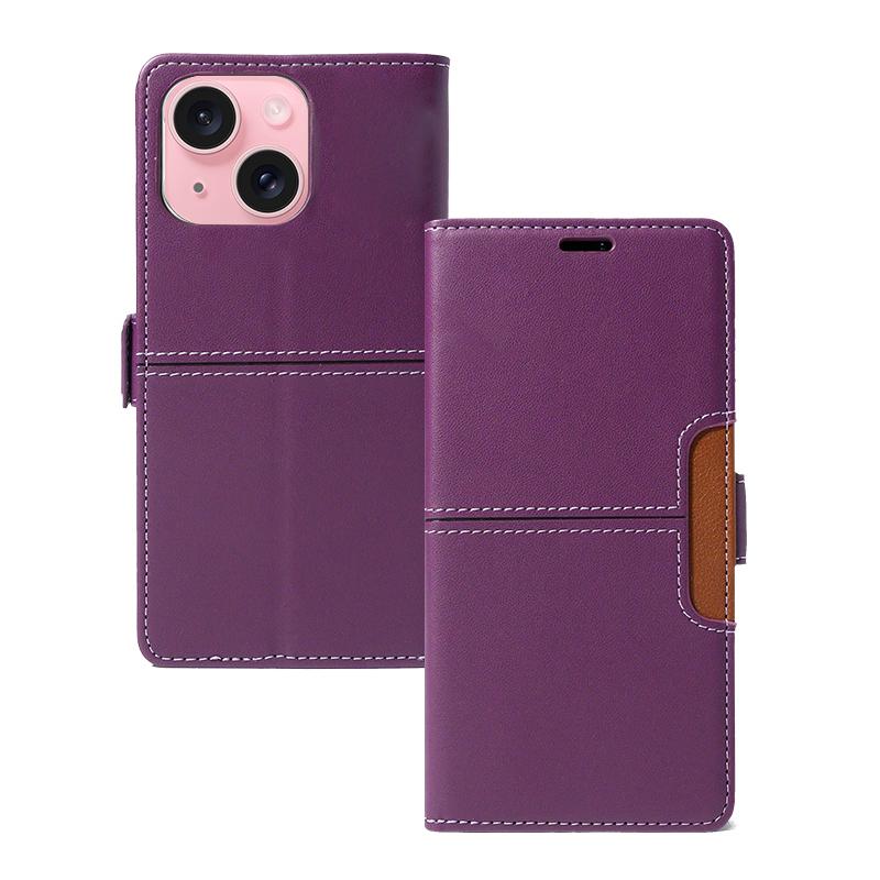 For iPhone 15 Magnetic Buckle Card Slot Leather Phone Case(Purple) - Shopkiz.com