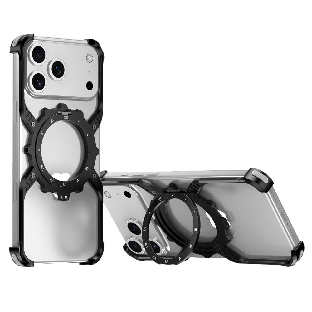 For iPhone 17 Pro Max Mechanical Gear MagSafe Holder Borderless Metal Phone Case(Black) - Shopkiz.com