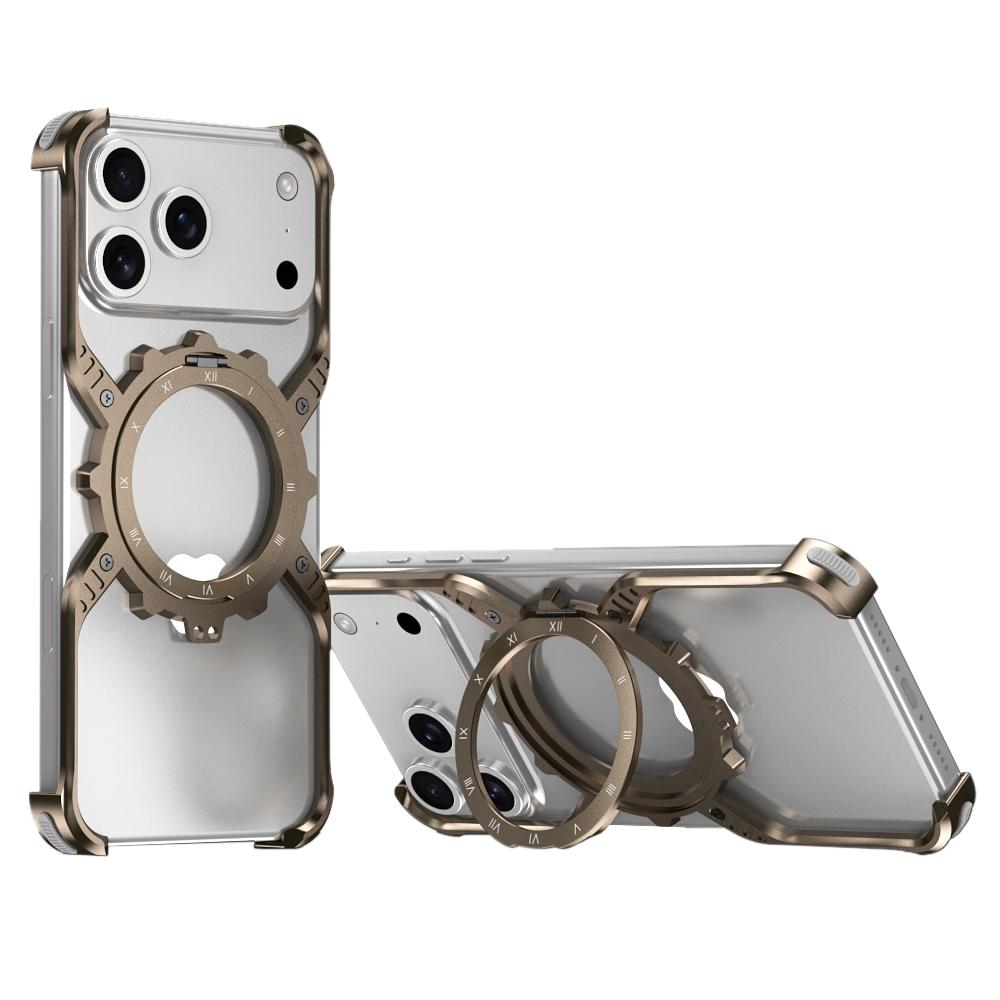 For iPhone 17 Pro Max Mechanical Gear MagSafe Holder Borderless Metal Phone Case(Gold) - Shopkiz.com