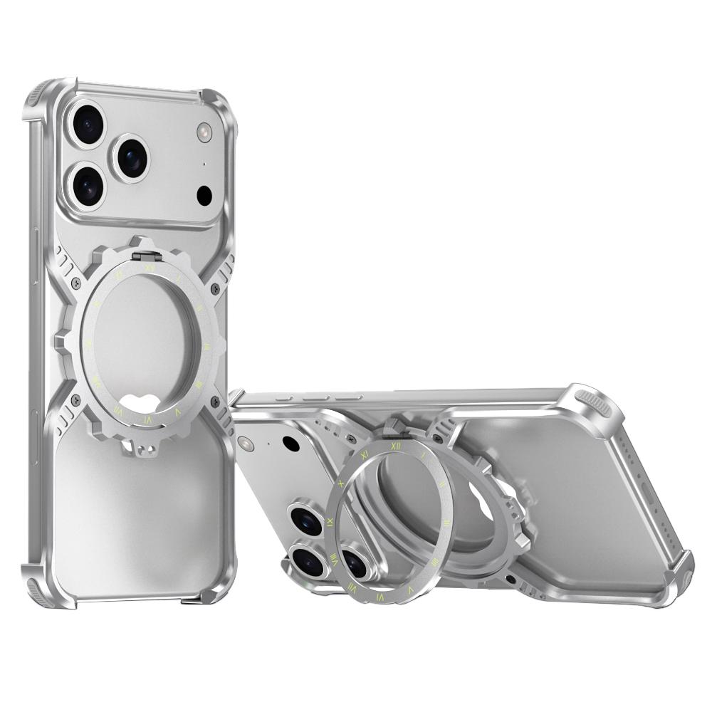 For iPhone 17 Pro Mechanical Gear MagSafe Holder Borderless Metal Phone Case(Silver) - Shopkiz.com