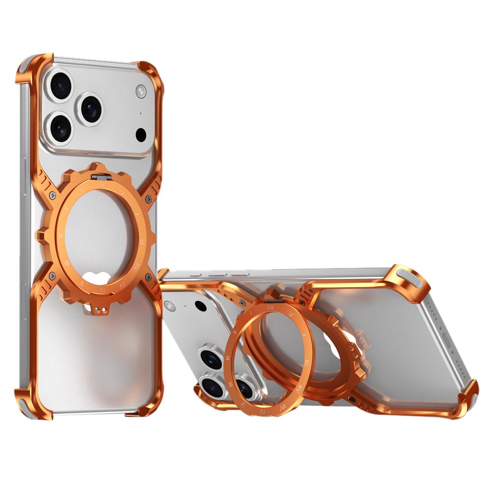 For iPhone 17 Pro Mechanical Gear MagSafe Holder Borderless Metal Phone Case(Orange) - Shopkiz.com