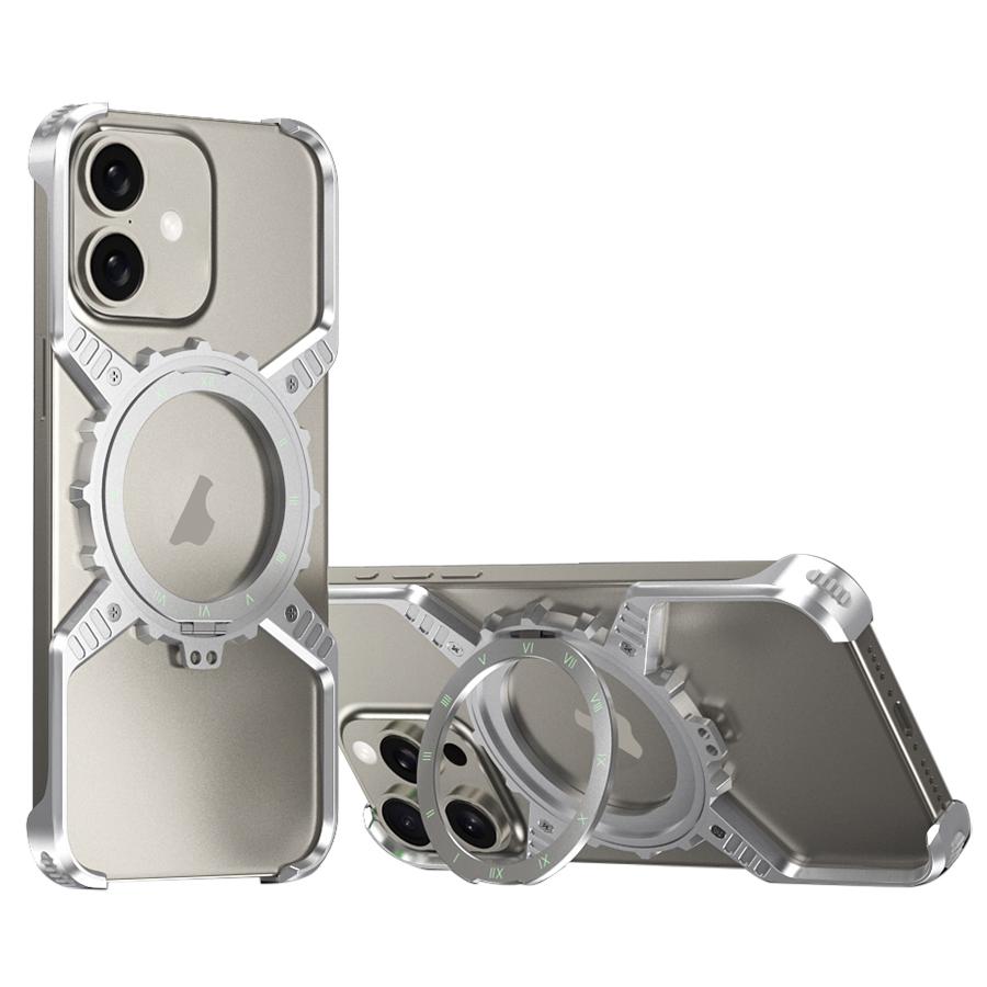 For iPhone 17 Mechanical Gear MagSafe Holder Borderless Metal Phone Case(Silver) - Shopkiz.com