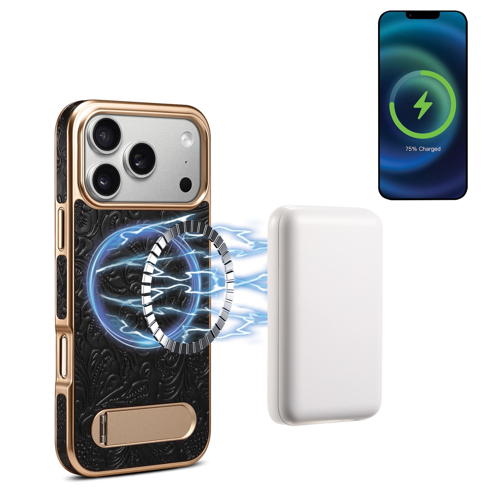 For iPhone 17 Pro Max Denior A25 Retro Flower Texture MagSafe Genuine Leather Phone Case with Holder(Black) - Shopkiz.com