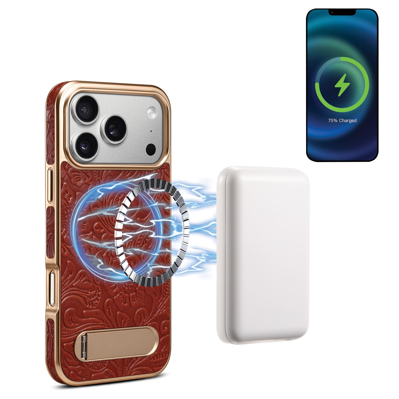 For iPhone 17 Pro Max Denior A25 Retro Flower Texture MagSafe Genuine Leather Phone Case with Holder(Red) - Shopkiz.com