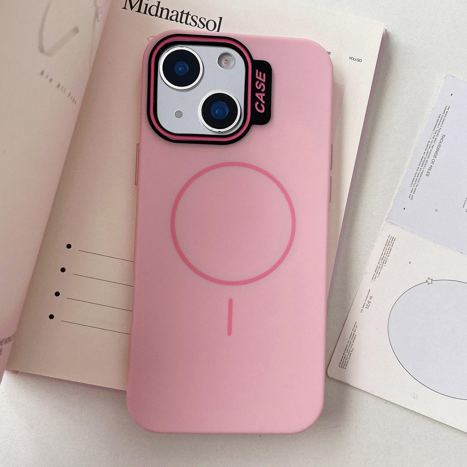 For iPhone 14 Large Hole Solid Color Frame CESA Fine Ring Magsafe Phone Case(Pink) - Shopkiz.com