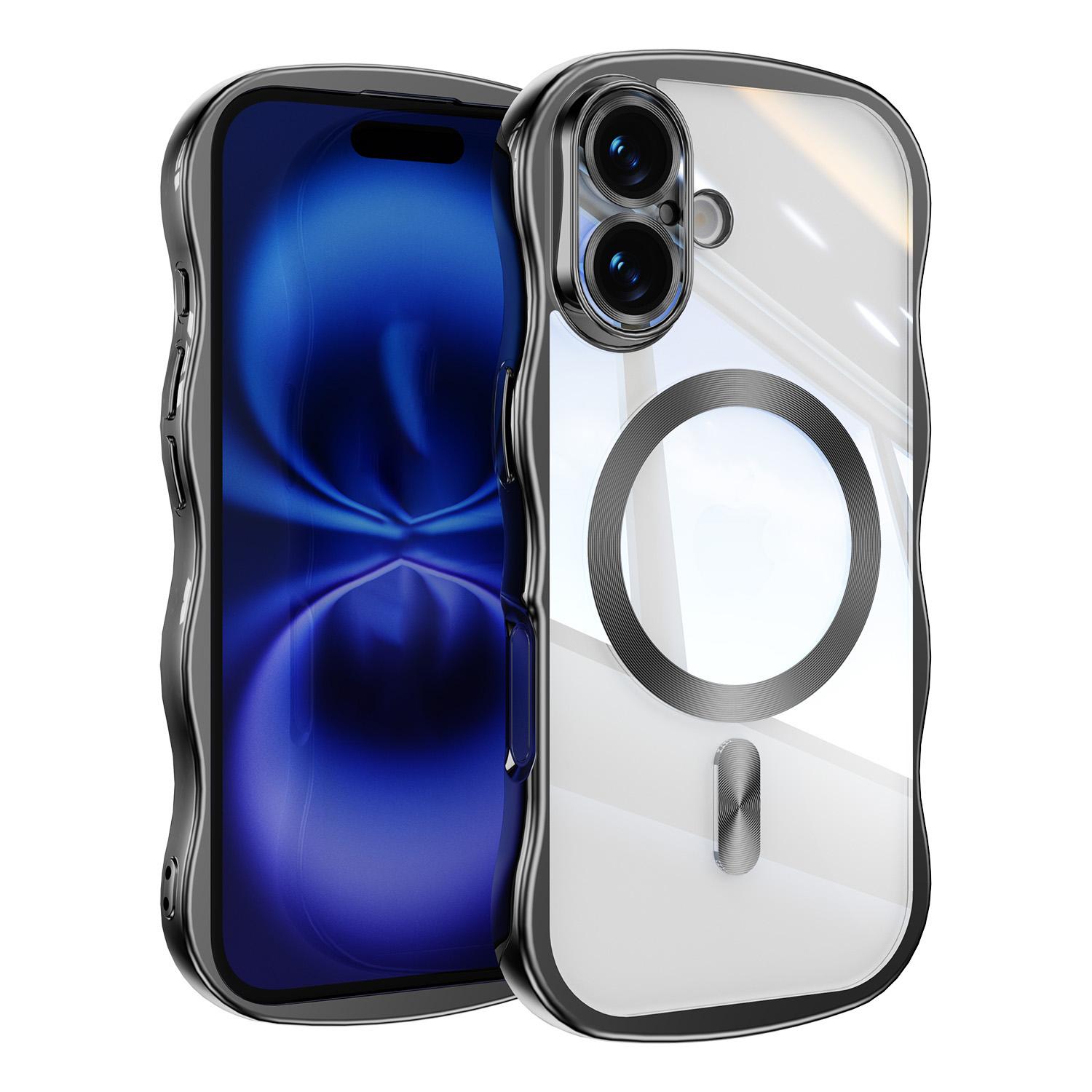 For iPhone 16 Big Wave Electroplating MagSafe Magnetic Phone Case(Black) - Shopkiz.com