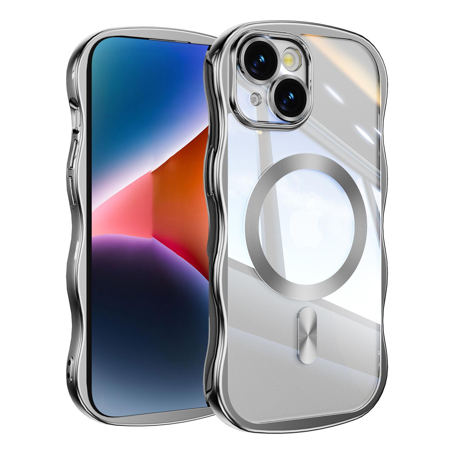 For iPhone 15 Big Wave Electroplating MagSafe Magnetic Phone Case(Silver) - Shopkiz.com