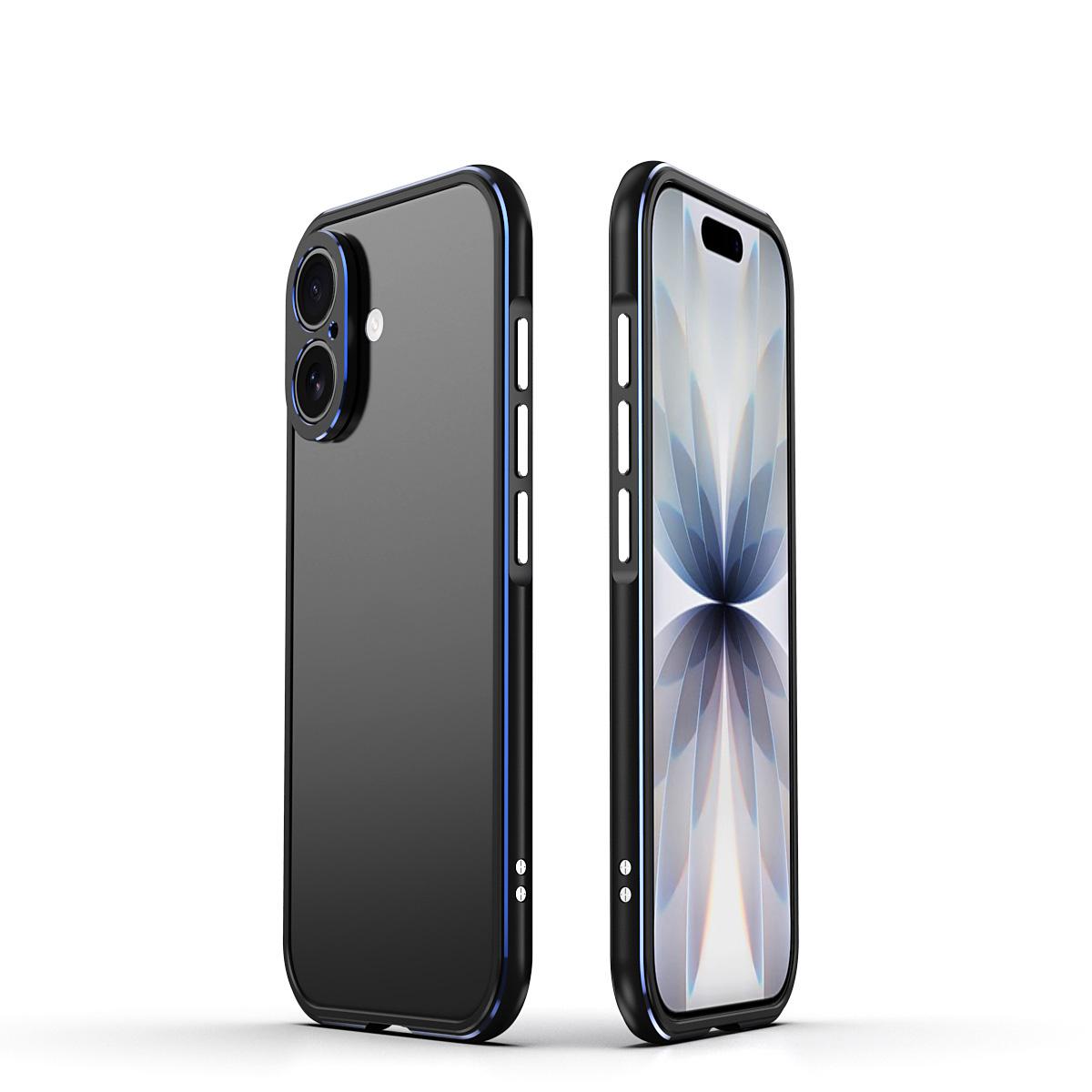 For iPhone 17 Aurora Series Lens Protector + Metal Frame Phone Case(Black Blue) - Shopkiz.com