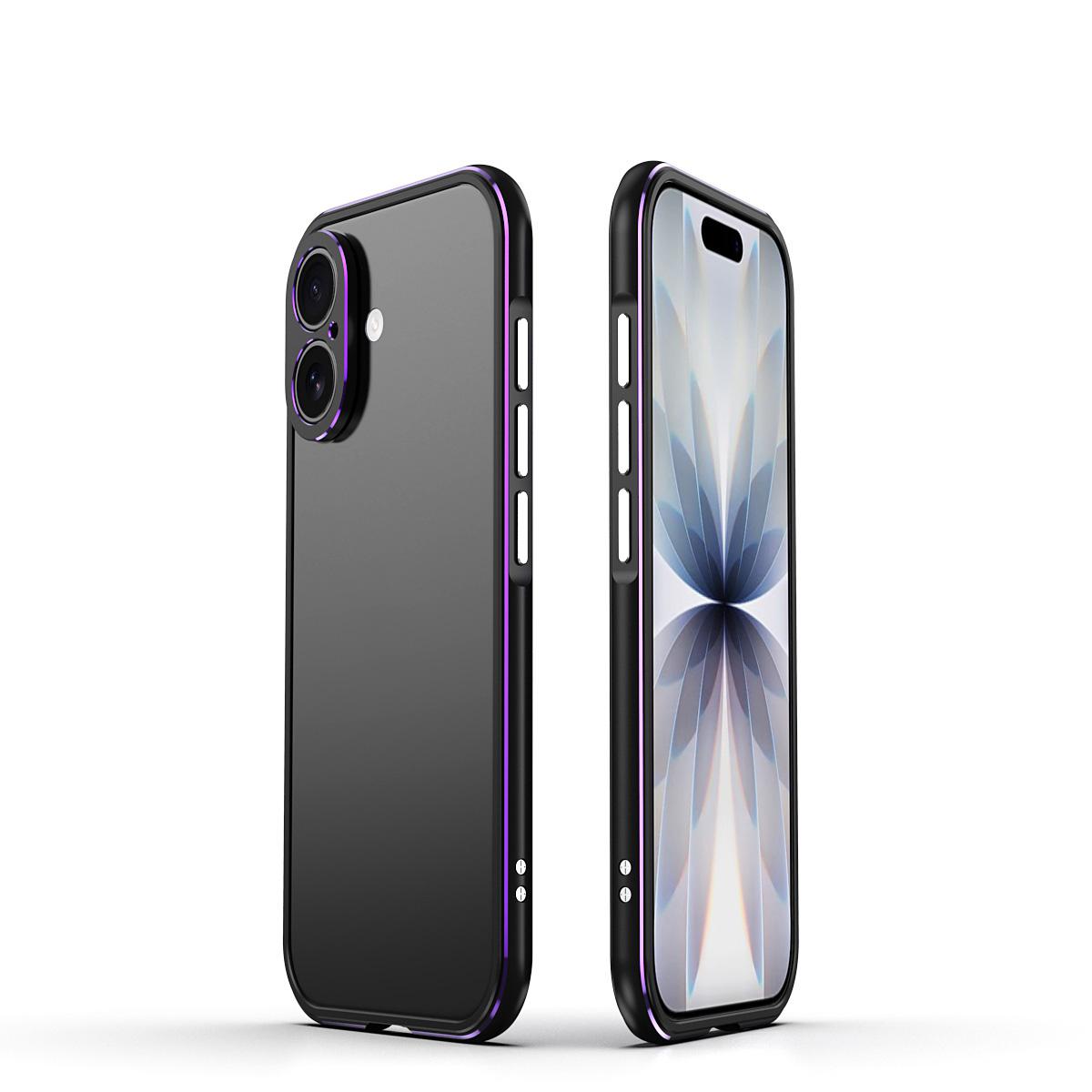 For iPhone 17 Aurora Series Lens Protector + Metal Frame Phone Case(Black Purple) - Shopkiz.com