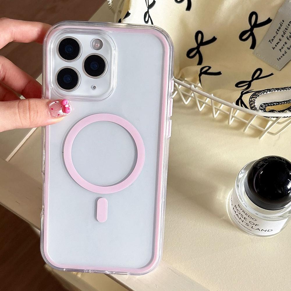 For iPhone 11 Pro Max Large Hole Camera Macaron Transparency MagSafe Phone Case(Pink) - Shopkiz.com