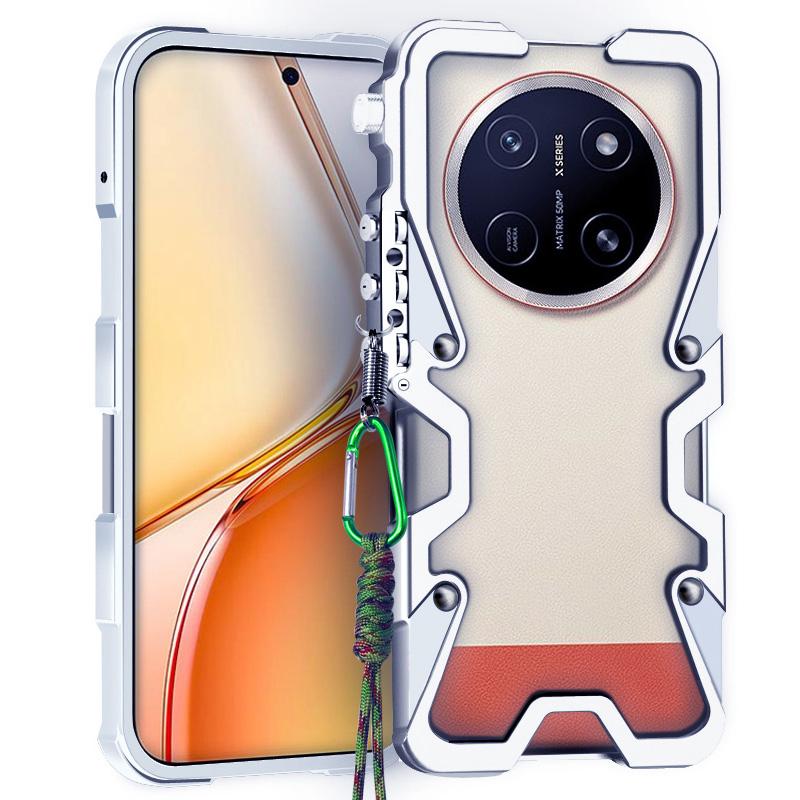 For Honor X80 Pro Max Trigger Design Hollow Metal Frame Phone Case with Lanyard(Silver) - Shopkiz.com