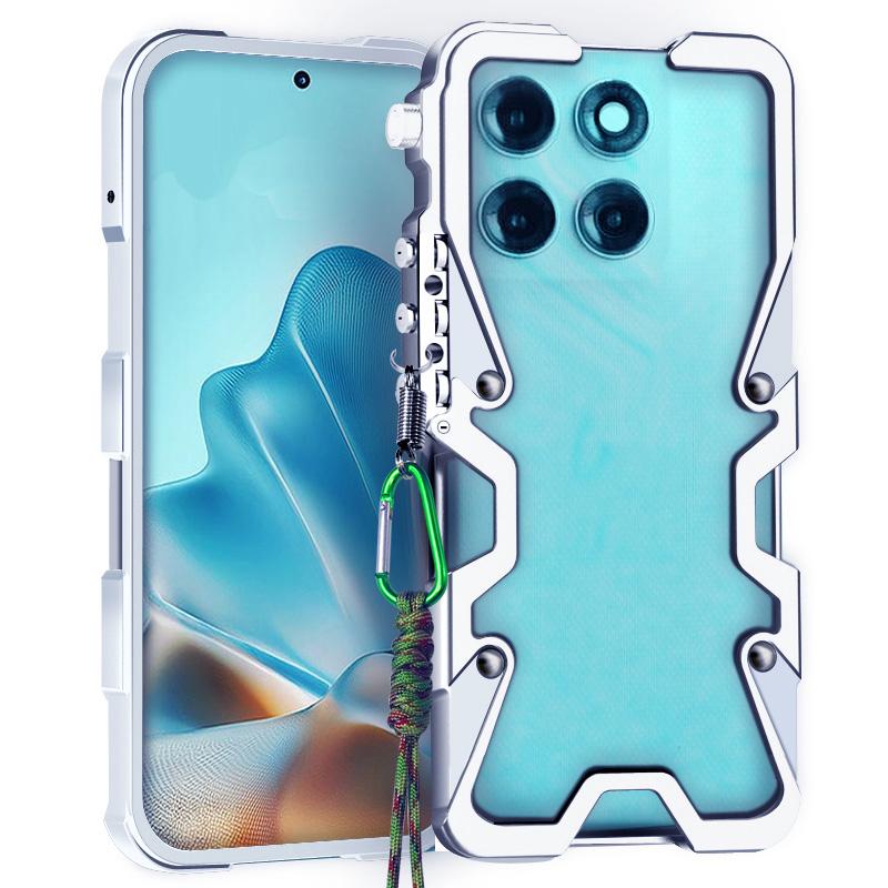 For Motorola Moto G67 Power/G77 Power Trigger Design Hollow Metal Frame Phone Case with Lanyard(Silver) - Shopkiz.com