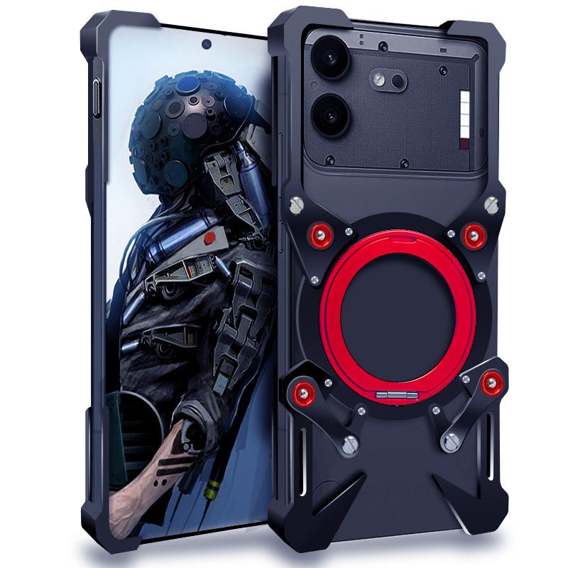 For Nothing Phone 4b Rotating Bracket Hollow Metal Phone Case with Lanyard(Black) - Shopkiz.com